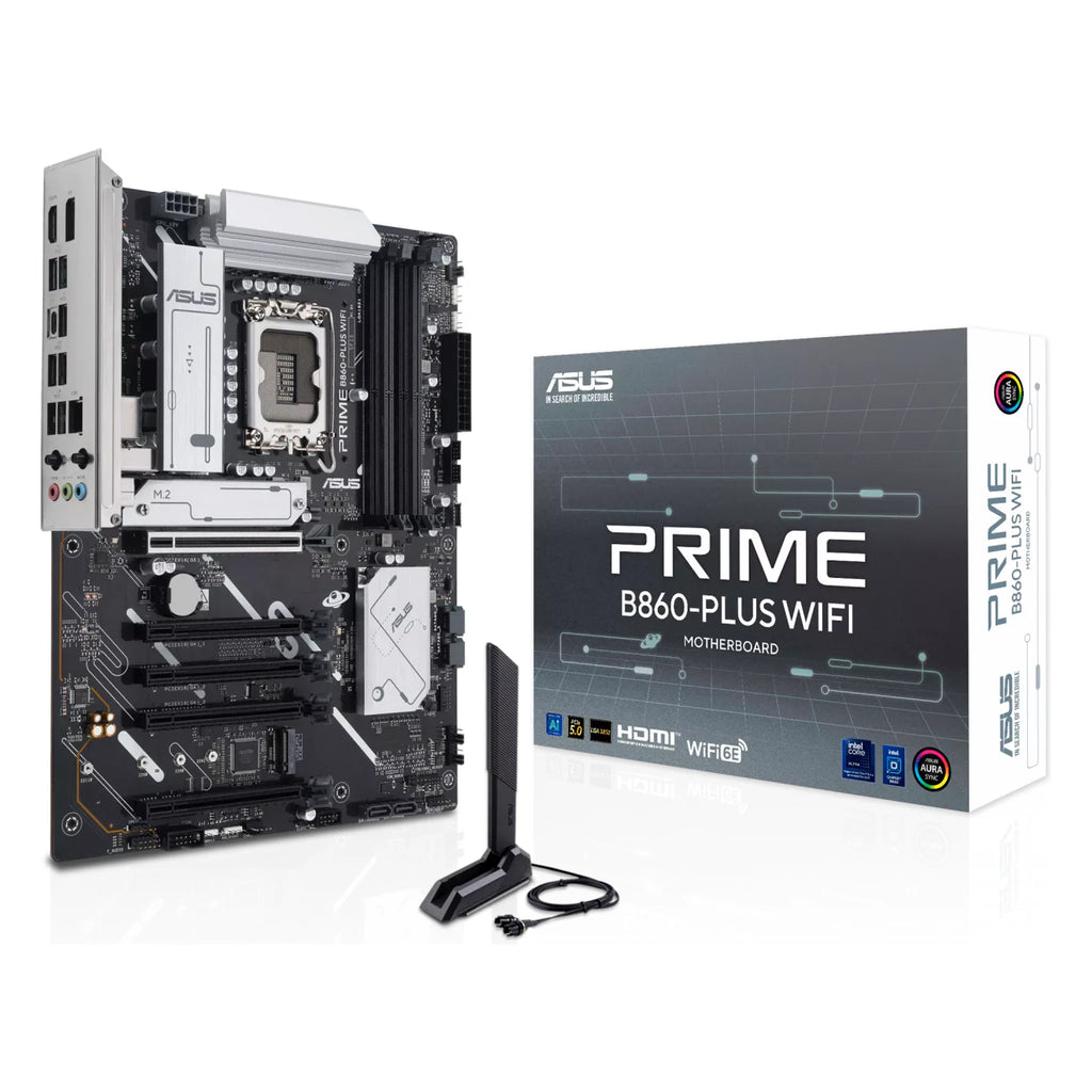 ASUS PRIME B860-PLUS WIFI — vue en perspective à 45 degrés sur fond blanc carré — réf. 90MB1K50-M0EAY0