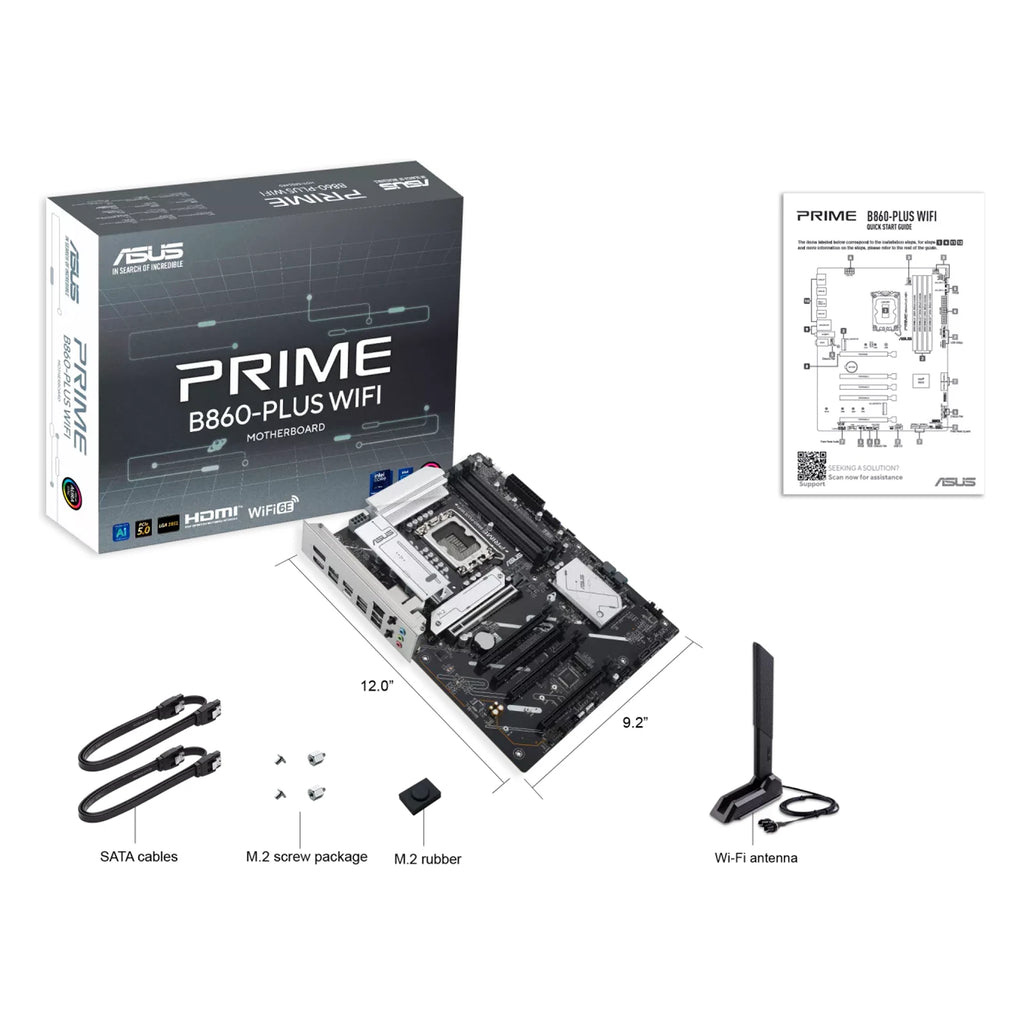 ASUS PRIME B860-PLUS WIFI — contenu de la boîte sur fond blanc carré — réf. 90MB1K50-M0EAY0