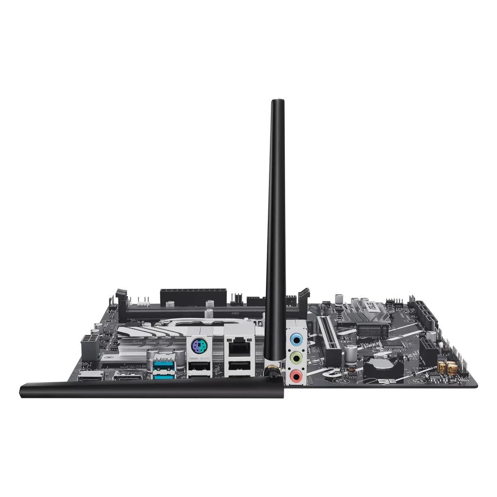 ASUS PRIME H810M-A WIFI — vue avec antenne Wi-Fi sur fond blanc carré — réf. 90MB1KJ0-M0EAY0