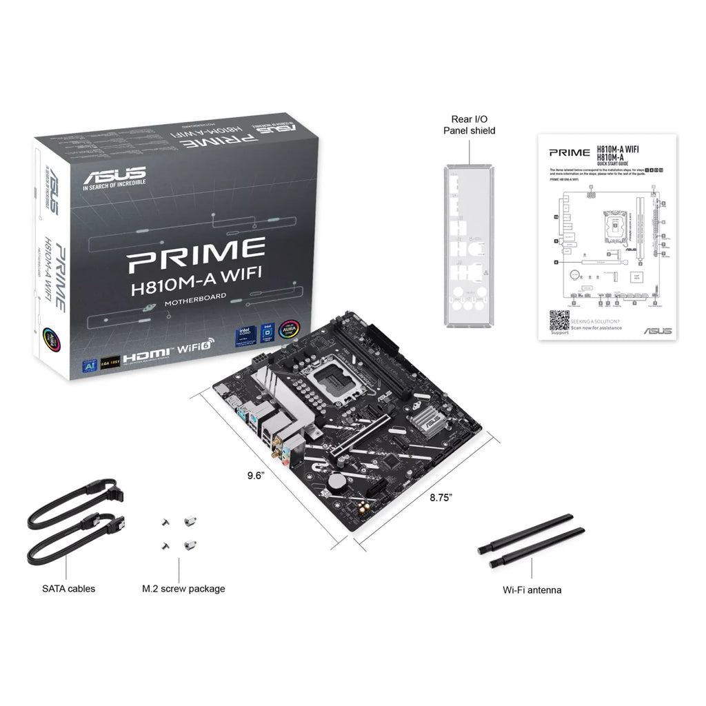 ASUS PRIME H810M-A WIFI — contenu de la boîte sur fond blanc carré — réf. 90MB1KJ0-M0EAY0