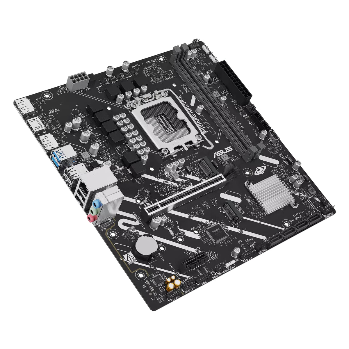 ASUS PRIME H810M-E-CSM — vue en perspective à 45 degrés sur fond blanc carré — réf. 90MB1N20-M0EAYC