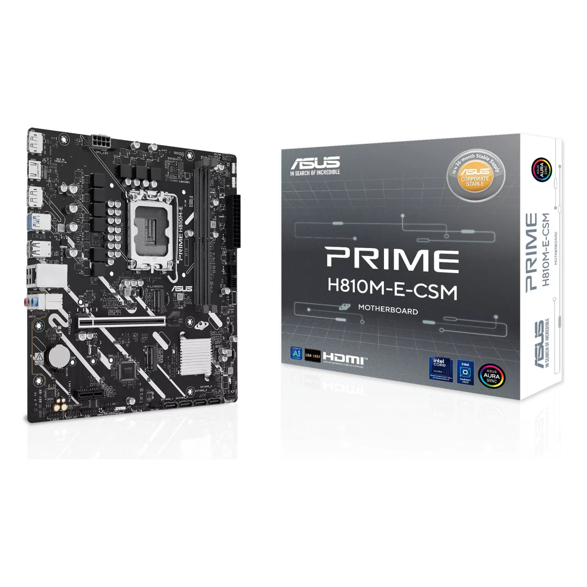 ASUS PRIME H810M-E-CSM — vue en perspective à 45 degrés sur fond blanc carré — réf. 90MB1N20-M0EAYC