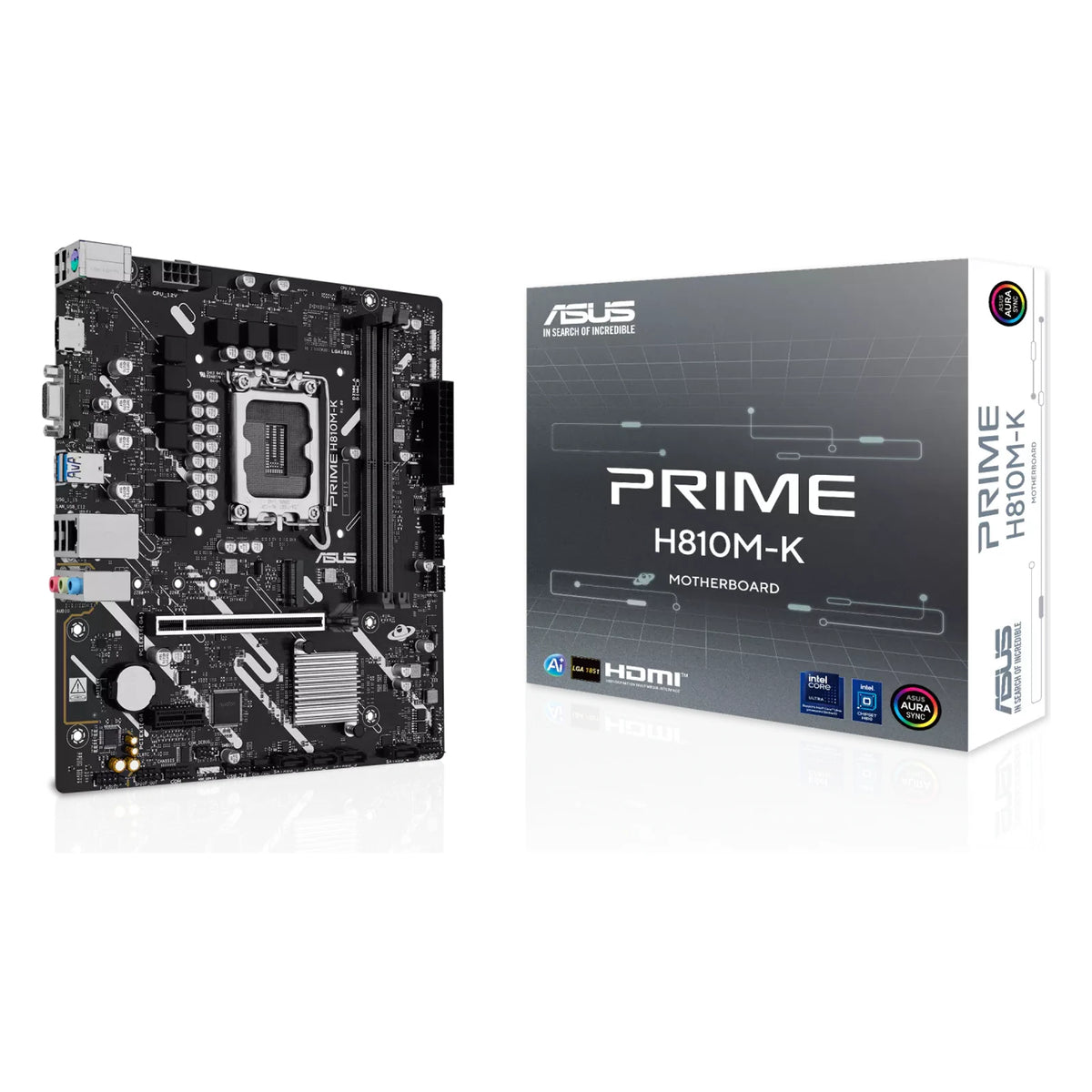ASUS PRIME H810M-K — vue avec emballage sur fond blanc carré — réf. 90MB1N10-M0EAY0