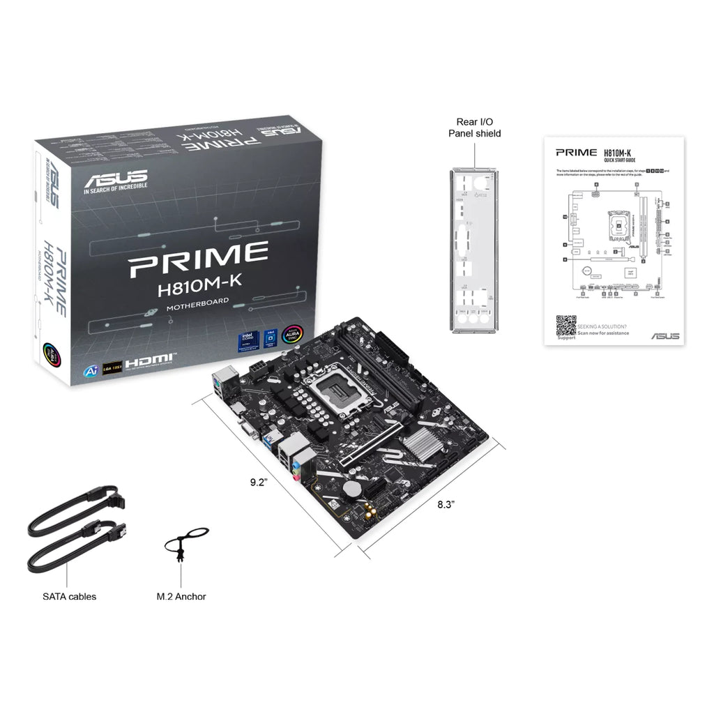 ASUS PRIME H810M-K — contenu de la boîte sur fond blanc carré — réf. 90MB1N10-M0EAY0