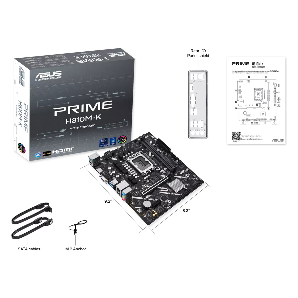 ASUS PRIME H810M-K — contenu de la boîte sur fond blanc carré — réf. 90MB1N10-M0EAY0