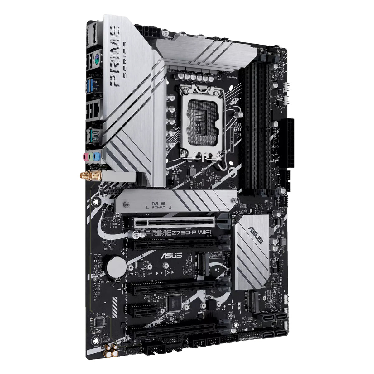 ASUS PRIME Z790-P WIFI — vue en perspective à 45 degrés sur fond blanc carré — réf. 90MB1CJ0-M1EAY0