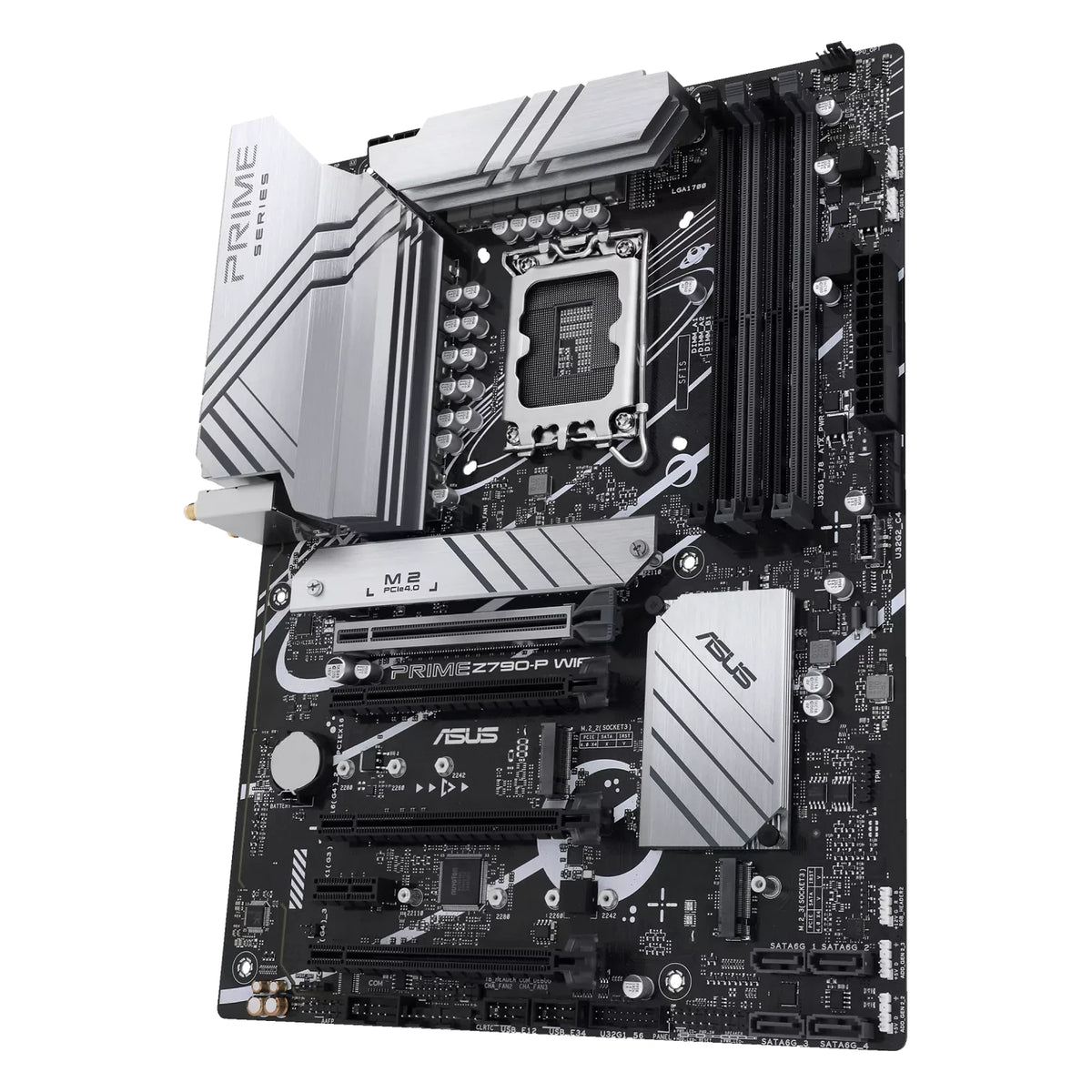 ASUS PRIME Z790-P WIFI — vue en perspective à 45 degrés sur fond blanc carré — réf. 90MB1CJ0-M1EAY0