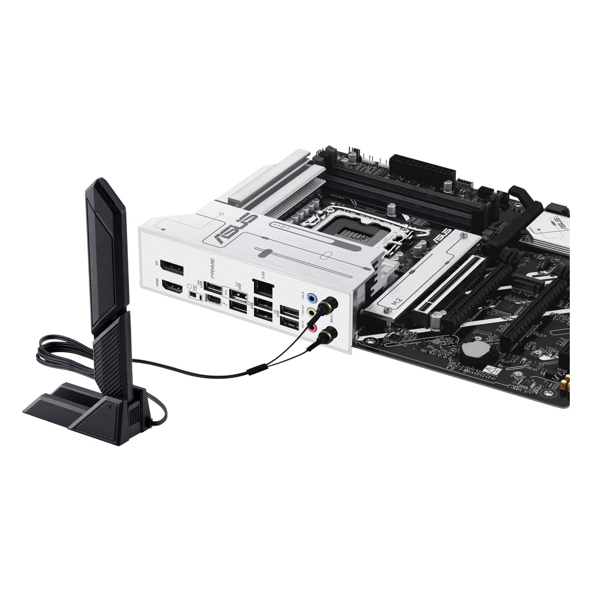 ASUS PRIME Z890-P WIFI — vue avec antenne Wi-Fi sur fond blanc carré — réf. 90MB1I70-M0EAY0