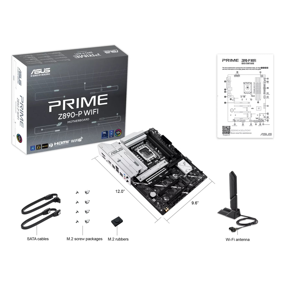 ASUS PRIME Z890-P WIFI — contenu de la boîte sur fond blanc carré — réf. 90MB1I70-M0EAY0