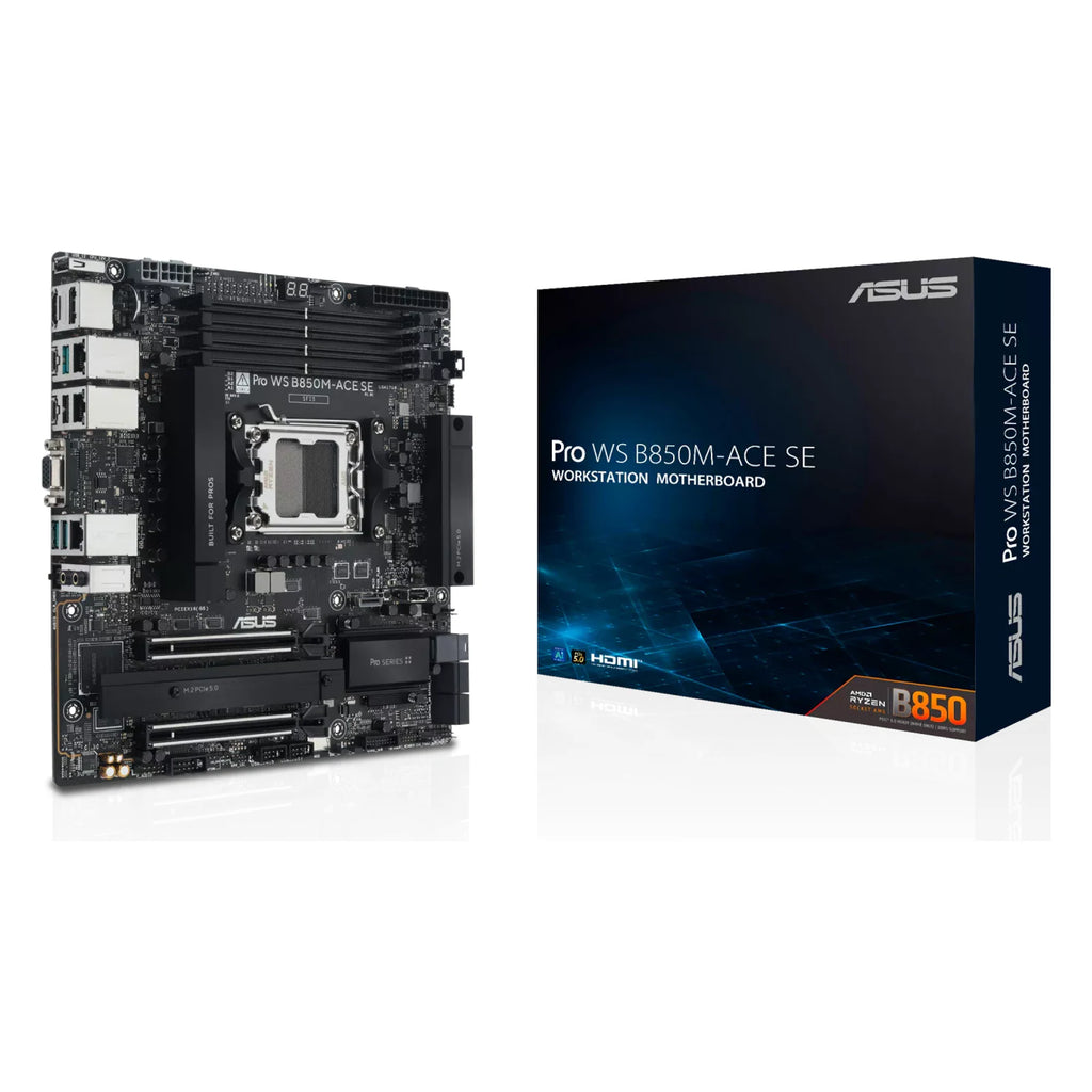 ASUS Pro WS B850M-ACE SE — vue en perspective à 45 degrés sur fond blanc carré — réf. 90MB1MN0-M0EAY0