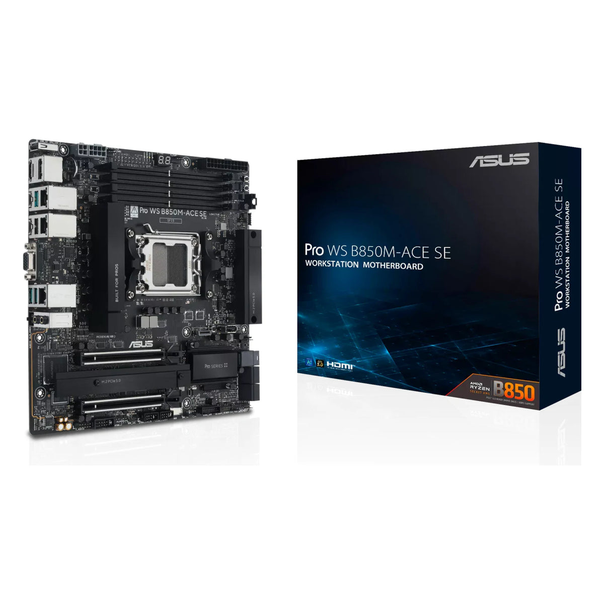 ASUS Pro WS B850M-ACE SE — vue en perspective à 45 degrés sur fond blanc carré — réf. 90MB1MN0-M0EAY0