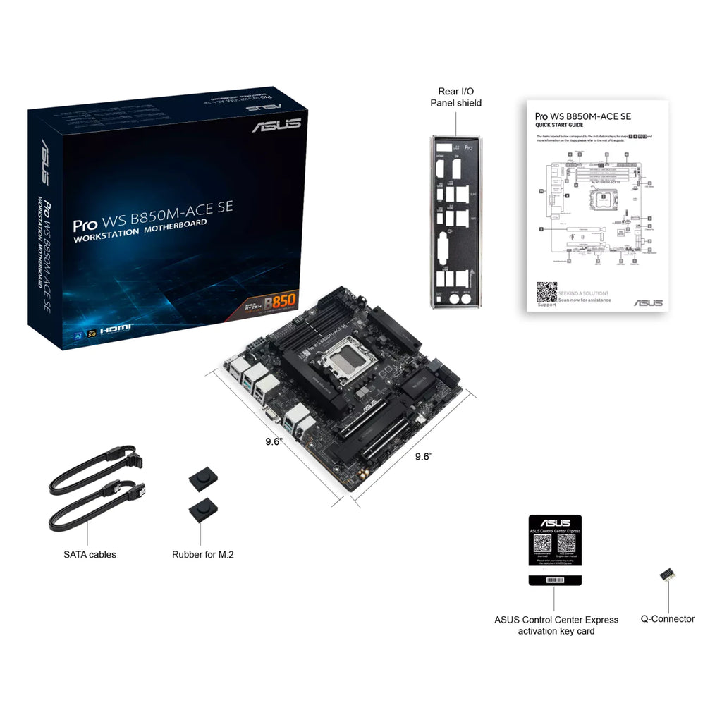 ASUS Pro WS B850M-ACE SE — vue en perspective à 45 degrés sur fond blanc carré — réf. 90MB1MN0-M0EAY0