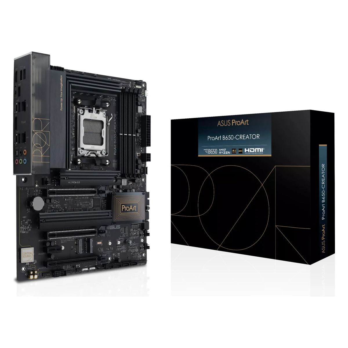 ASUS ProArt B650-CREATOR — vue en perspective à 45 degrés sur fond blanc carré — réf. 90MB1C40-M0EAY0