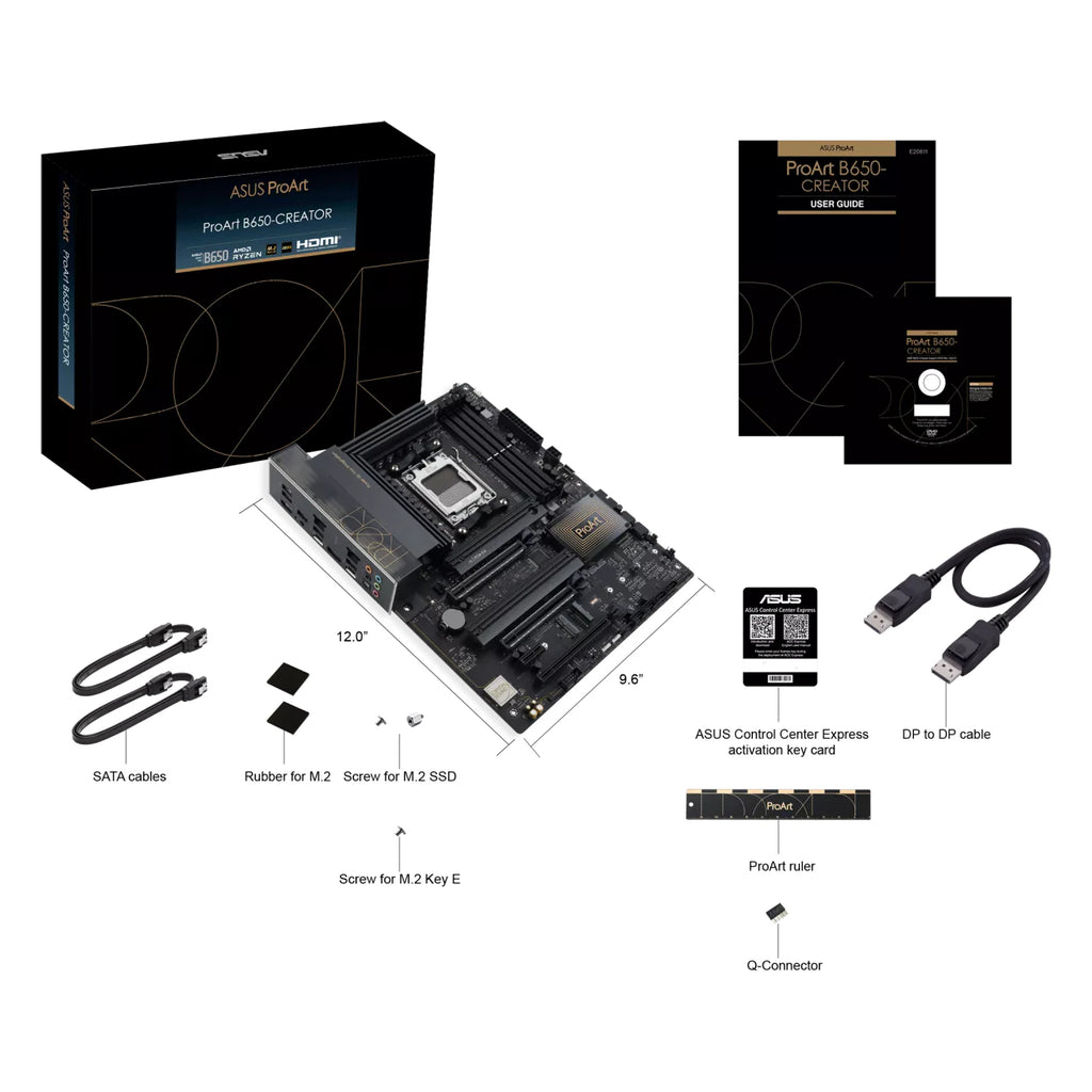 ASUS ProArt B650-CREATOR — contenu de la boîte sur fond blanc carré — réf. 90MB1C40-M0EAY0