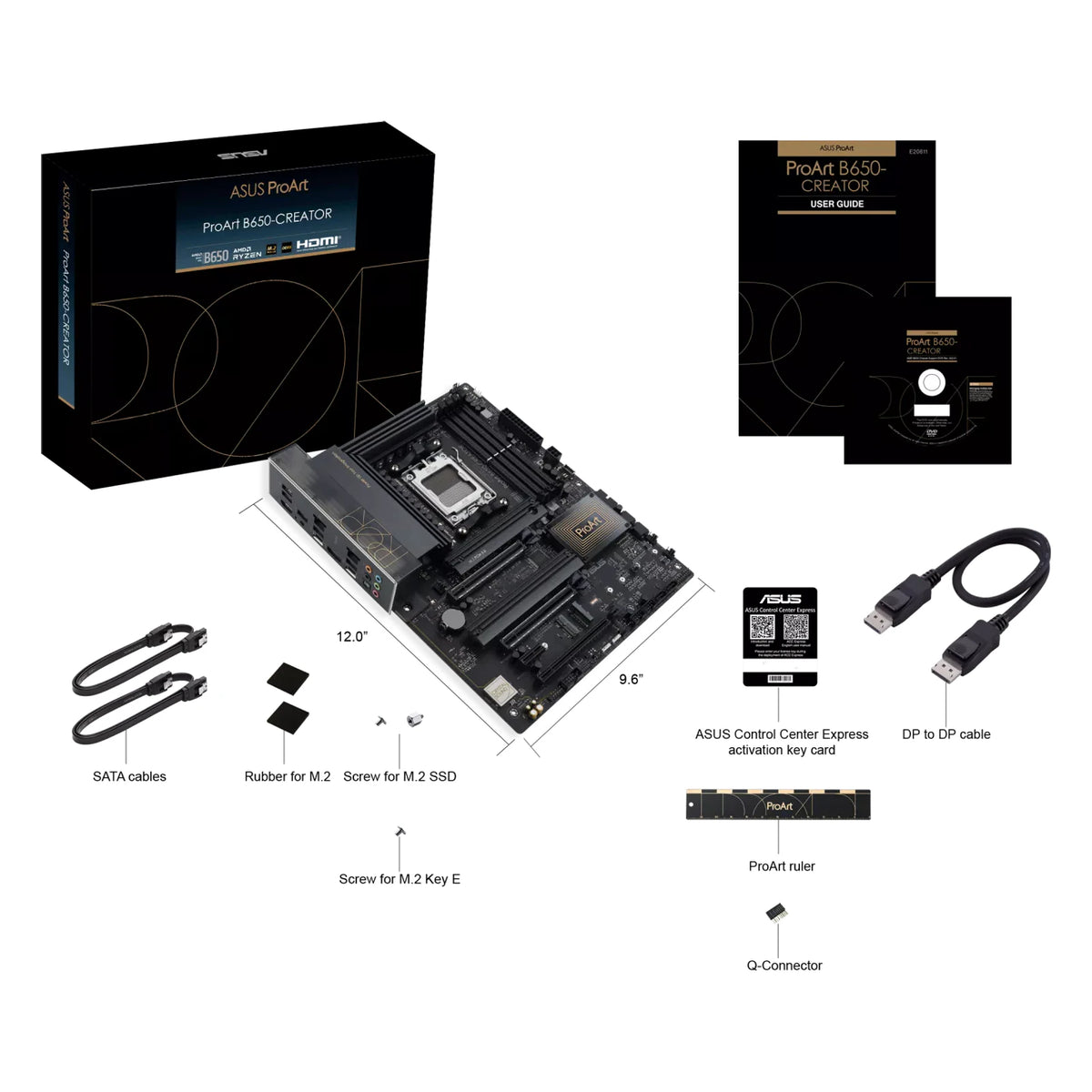 ASUS ProArt B650-CREATOR — contenu de la boîte sur fond blanc carré — réf. 90MB1C40-M0EAY0