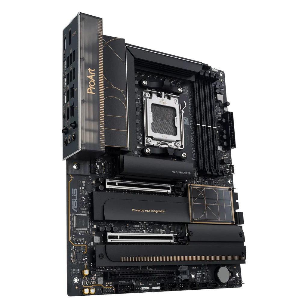 ASUS ProArt X870E-CREATOR WIFI — vue en perspective à 60 degrés sur fond blanc carré — réf. 90MB1IG0-M0EAY0