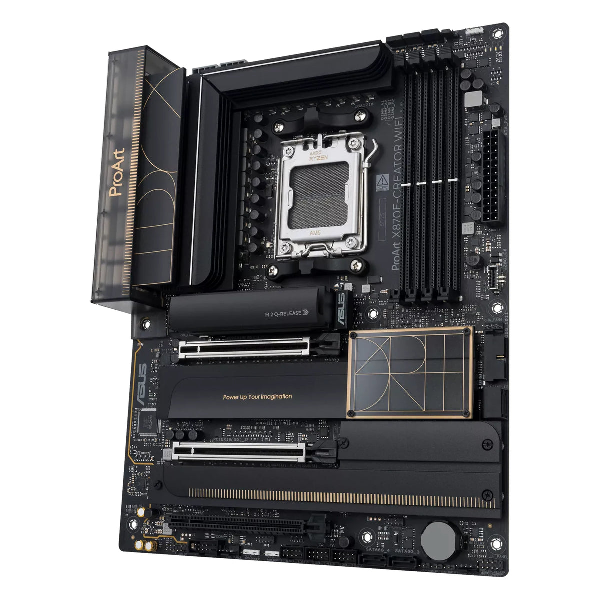 ASUS ProArt X870E-CREATOR WIFI — vue en perspective à 45 degrés sur fond blanc carré — réf. 90MB1IG0-M0EAY0