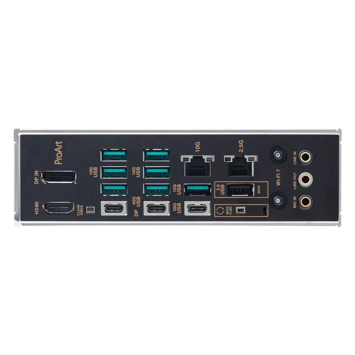ASUS ProArt X870E-CREATOR WIFI — connectique arrière sur fond blanc carré — réf. 90MB1IG0-M0EAY0