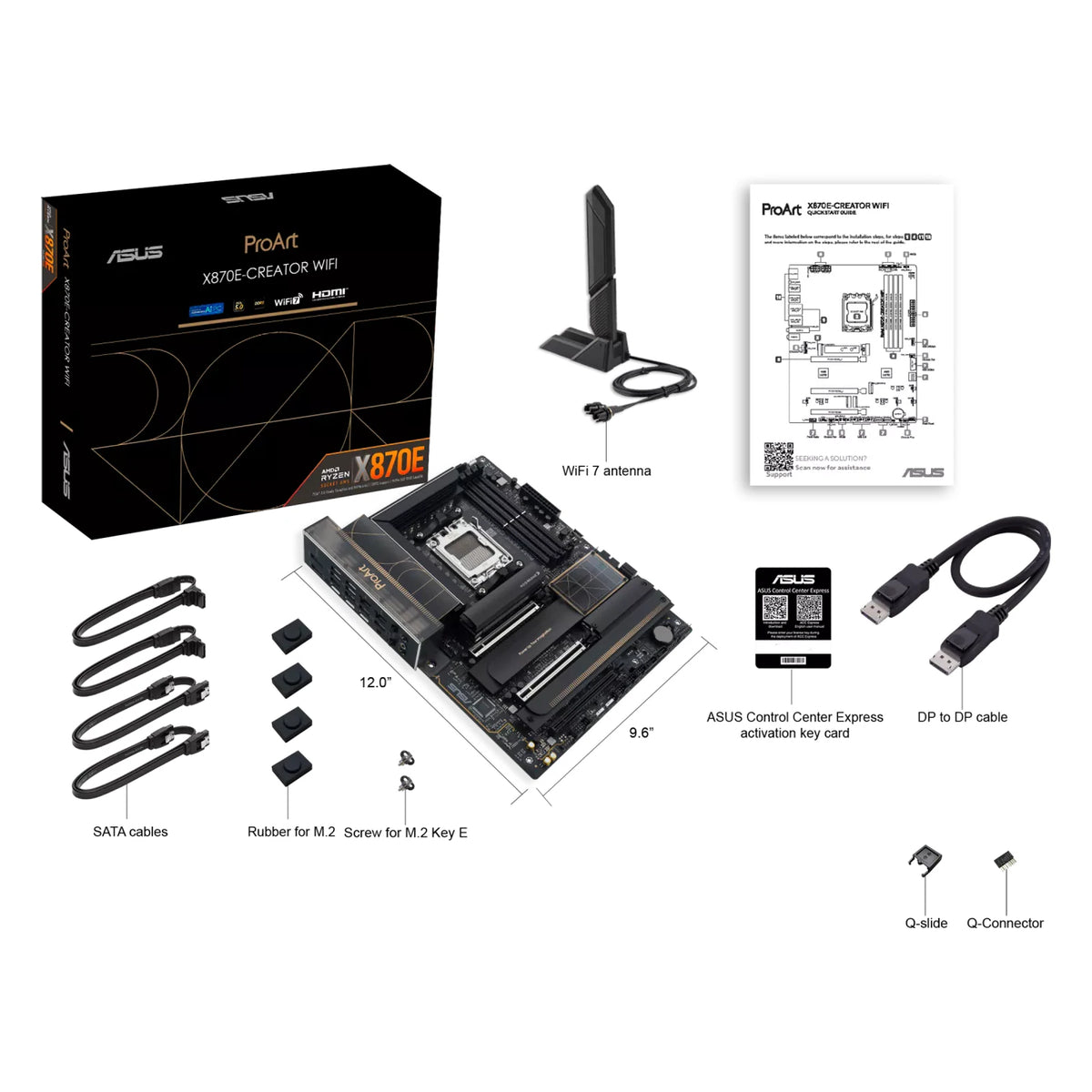 ASUS ProArt X870E-CREATOR WIFI — contenu de la boîte sur fond blanc carré — réf. 90MB1IG0-M0EAY0