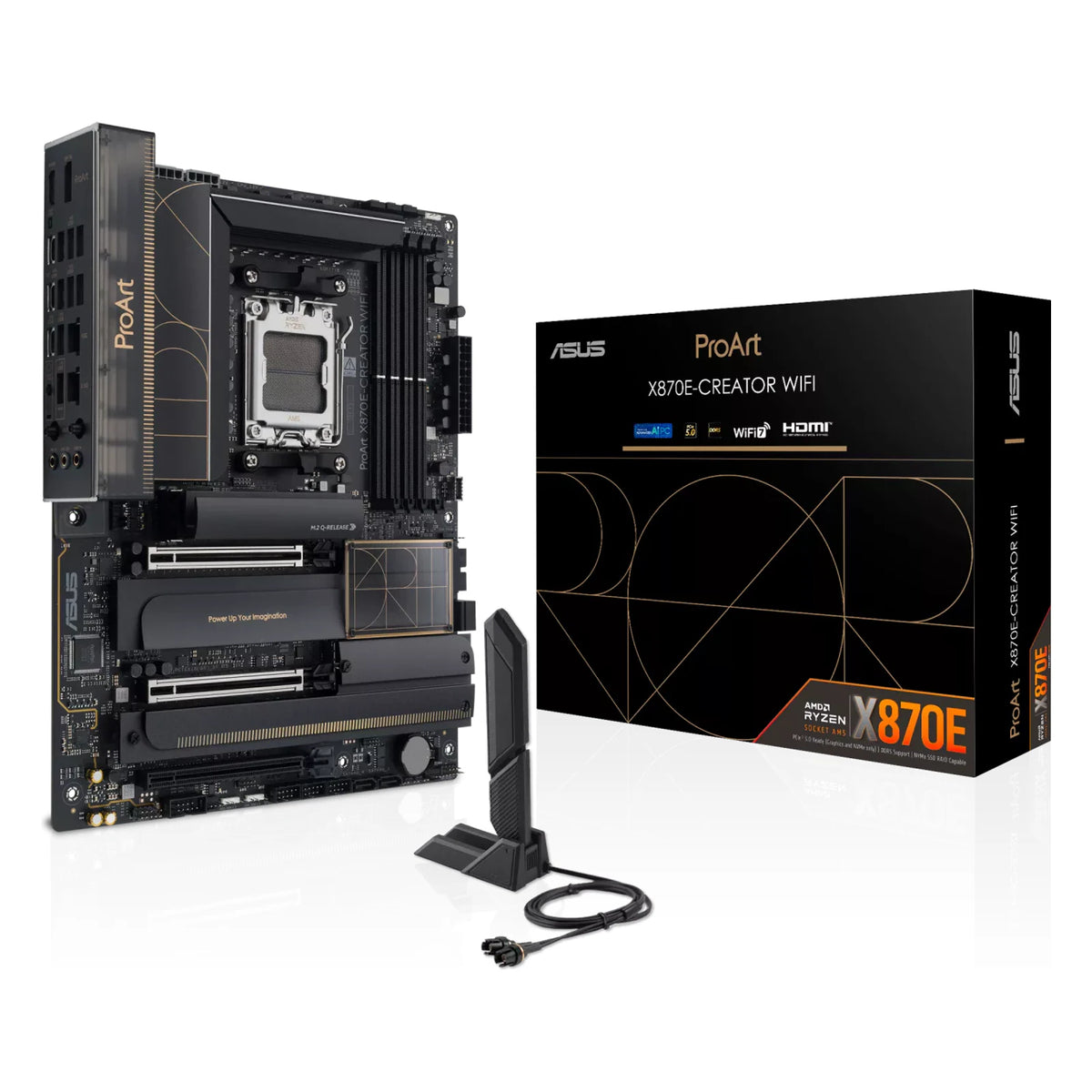ASUS ProArt X870E-CREATOR WIFI — vue en perspective à 45 degrés sur fond blanc carré — réf. 90MB1IG0-M0EAY0