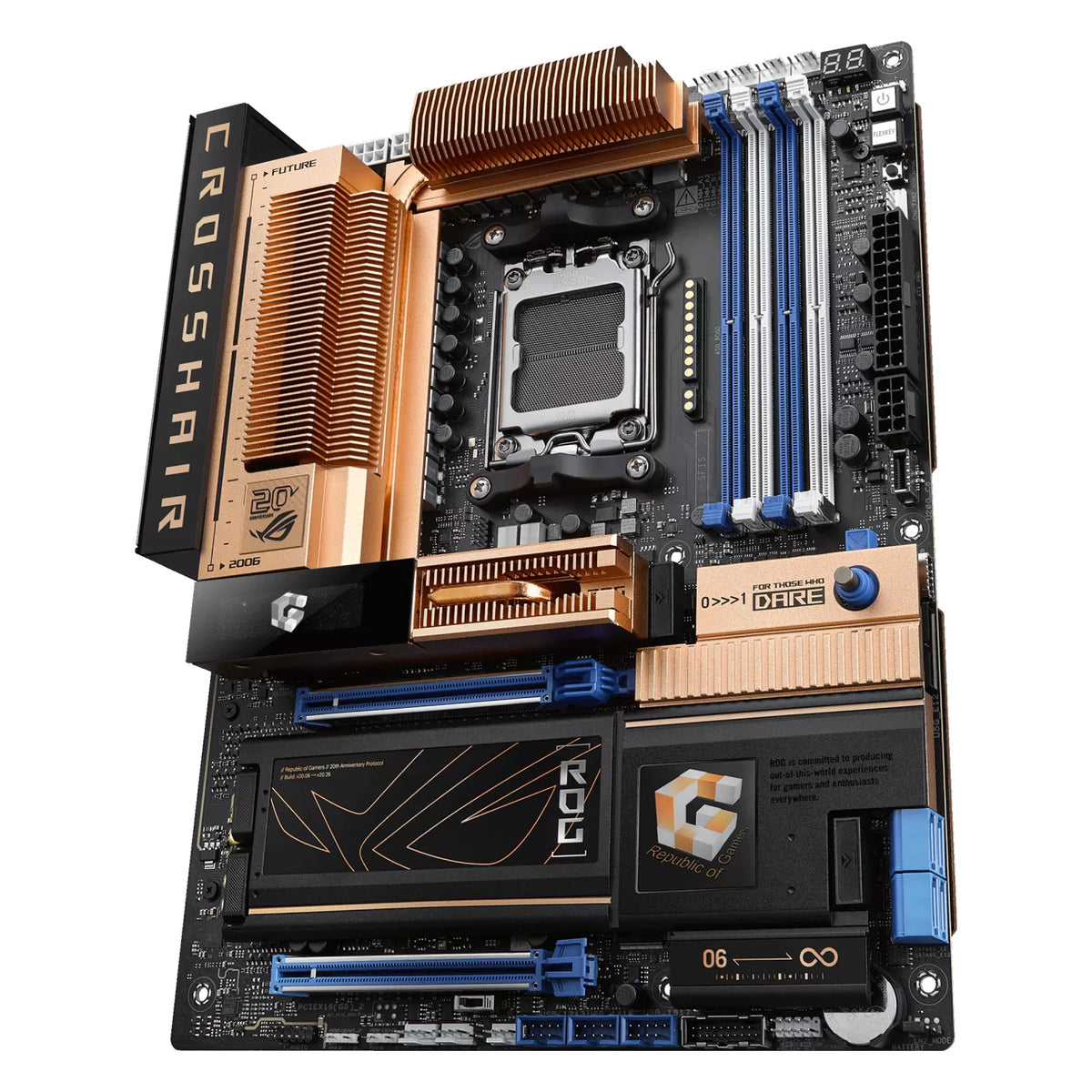 ASUS ROG CROSSHAIR 2006 — vue en perspective à 45 degrés sur fond blanc carré — réf. 90MB1PP0-M0EAY0