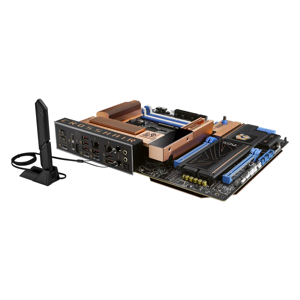 ASUS ROG CROSSHAIR 2006 — vue avec antenne Wi-Fi sur fond blanc carré — réf. 90MB1PP0-M0EAY0