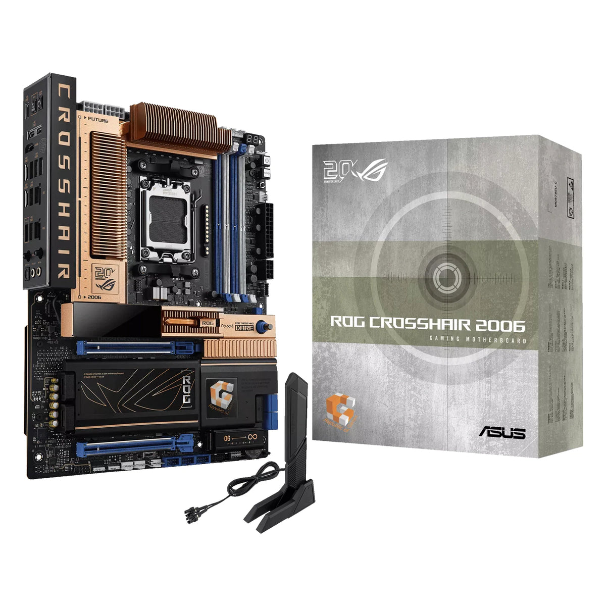 ASUS ROG CROSSHAIR 2006 — vue avec emballage sur fond blanc carré — réf. 90MB1PP0-M0EAY0