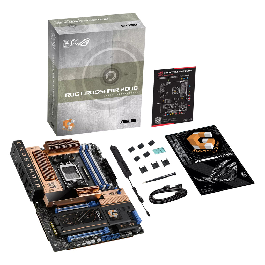ASUS ROG CROSSHAIR 2006 — contenu de la boîte sur fond blanc carré — réf. 90MB1PP0-M0EAY0