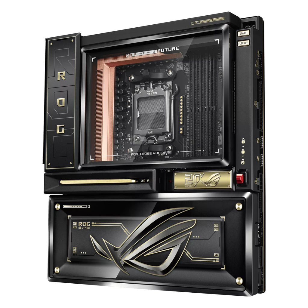 ASUS ROG CROSSHAIR X870E EDITION 20 — vue en perspective à 45 degrés sur fond blanc carré — réf. 90MB1PD0-M0EAY0