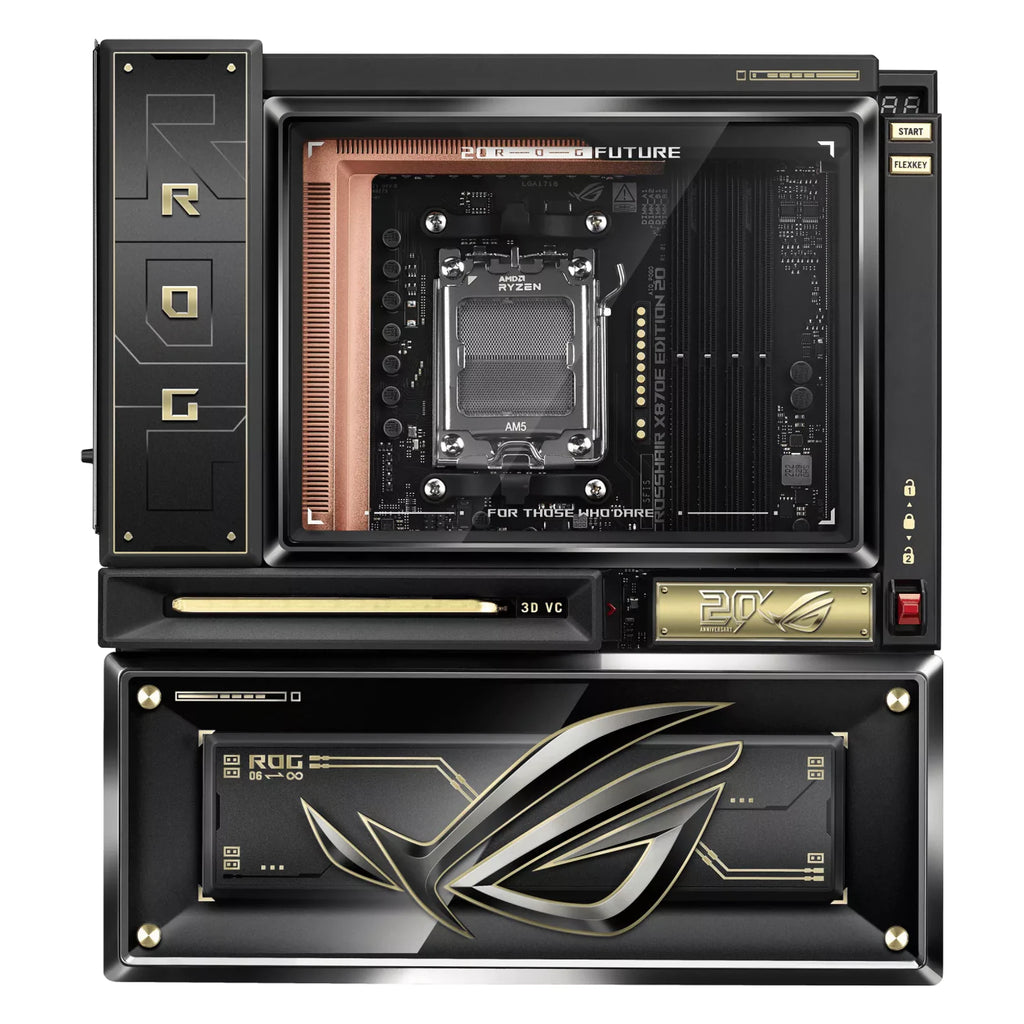 ASUS ROG CROSSHAIR X870E EDITION 20 — vue en perspective à 45 degrés sur fond blanc carré — réf. 90MB1PD0-M0EAY0