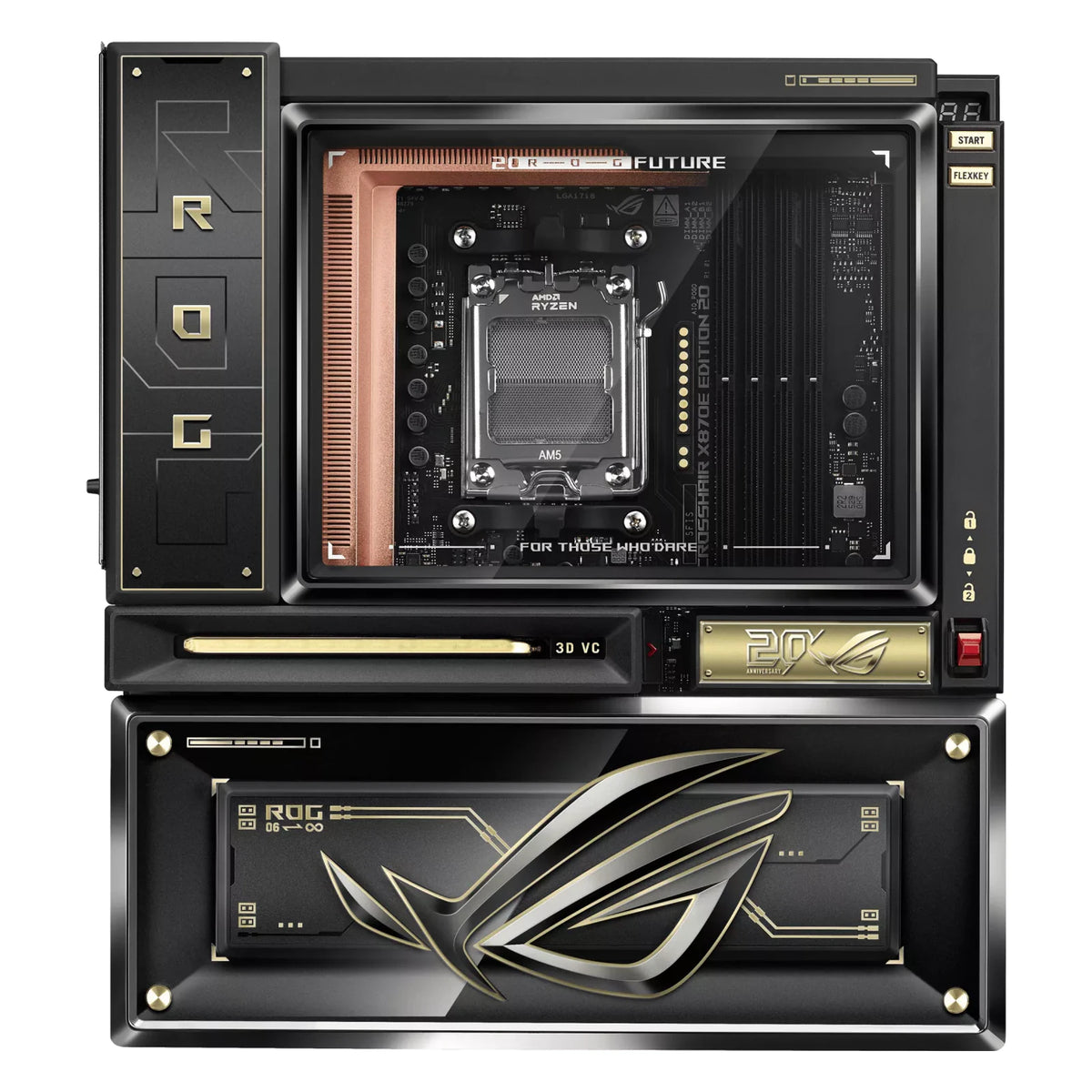 ASUS ROG CROSSHAIR X870E EDITION 20 — vue en perspective à 45 degrés sur fond blanc carré — réf. 90MB1PD0-M0EAY0