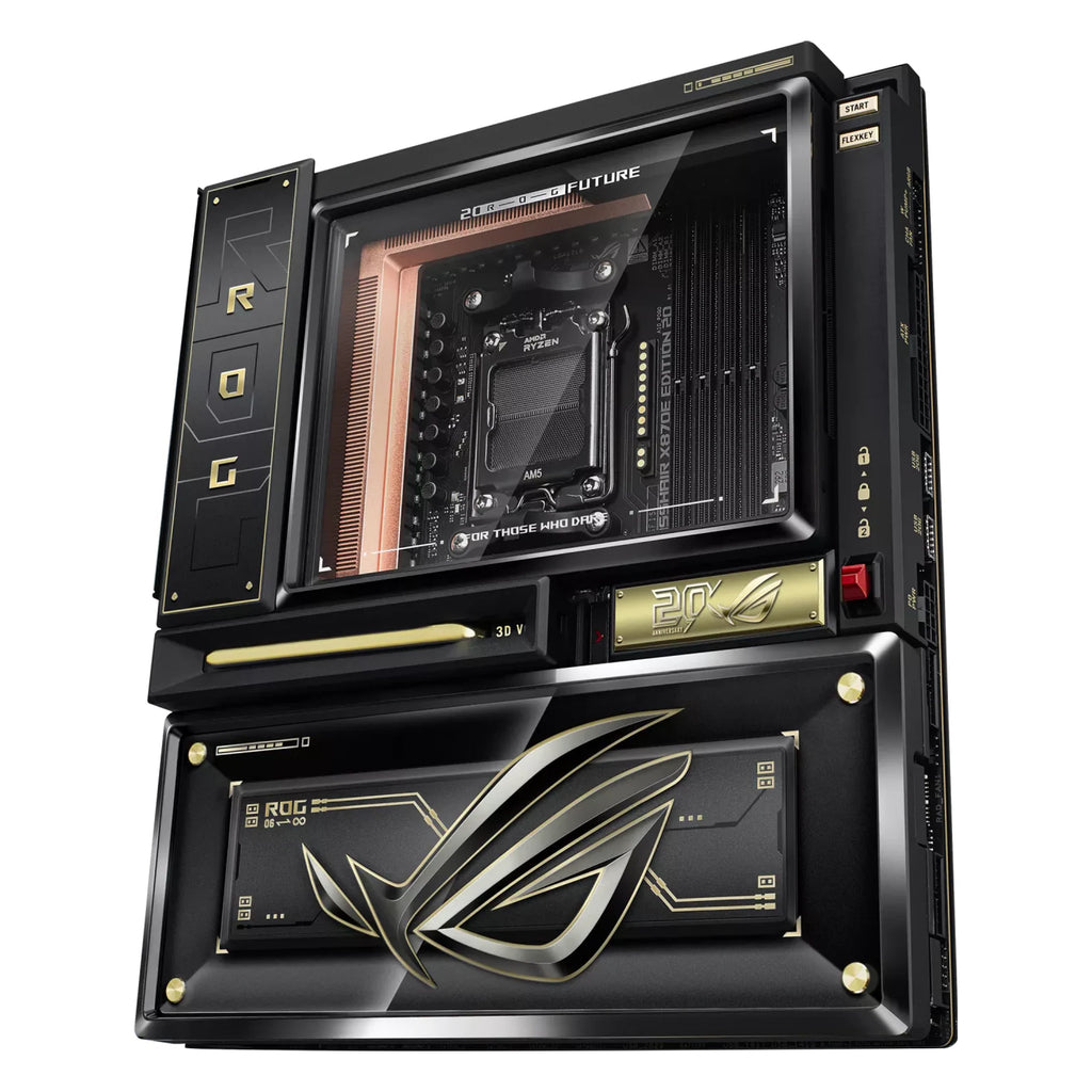 ASUS ROG CROSSHAIR X870E EDITION 20 — vue en perspective à 45 degrés sur fond blanc carré — réf. 90MB1PD0-M0EAY0