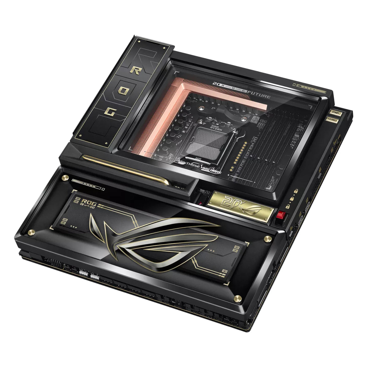 ASUS ROG CROSSHAIR X870E EDITION 20 — vue en perspective à 45 degrés sur fond blanc carré — réf. 90MB1PD0-M0EAY0