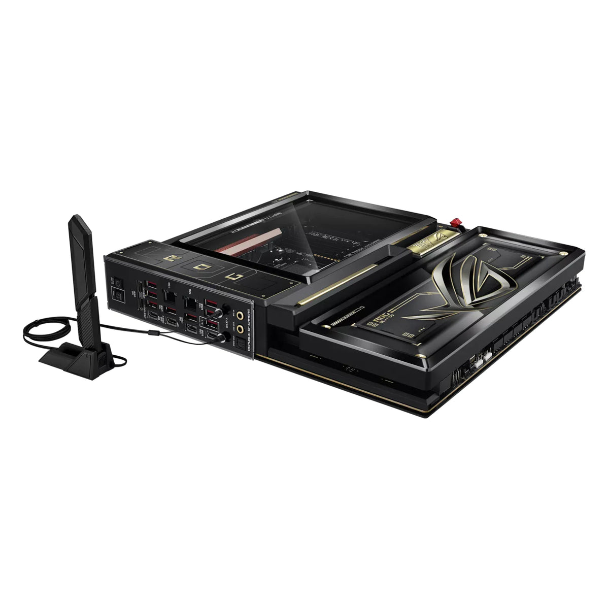 ASUS ROG CROSSHAIR X870E EDITION 20 — vue avec antenne Wi-Fi sur fond blanc carré — réf. 90MB1PD0-M0EAY0
