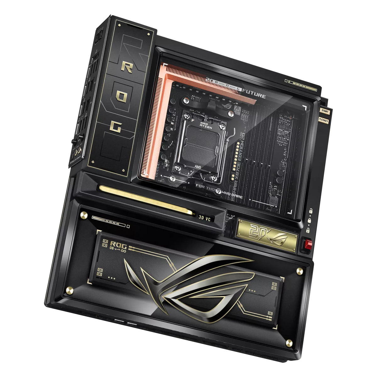 ASUS ROG CROSSHAIR X870E EDITION 20 — vue en perspective à 30 degrés sur fond blanc carré — réf. 90MB1PD0-M0EAY0