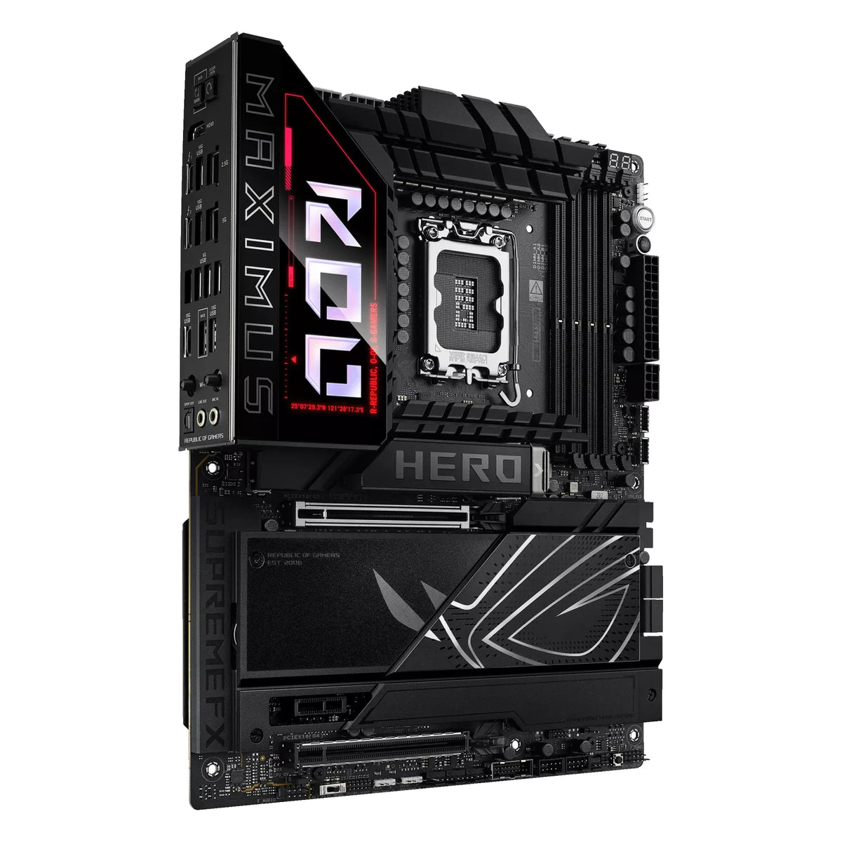 ASUS ROG MAXIMUS Z890 HERO — vue en perspective à 45 degrés sur fond blanc carré — réf. 90MB1ID0-M0EAY0