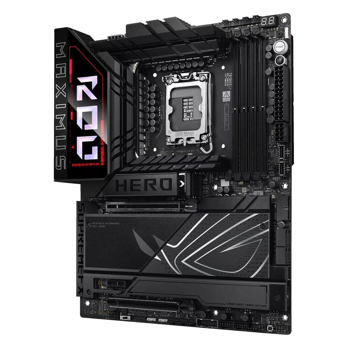 ASUS ROG MAXIMUS Z890 HERO — vue en perspective à 45 degrés sur fond blanc carré — réf. 90MB1ID0-M0EAY0