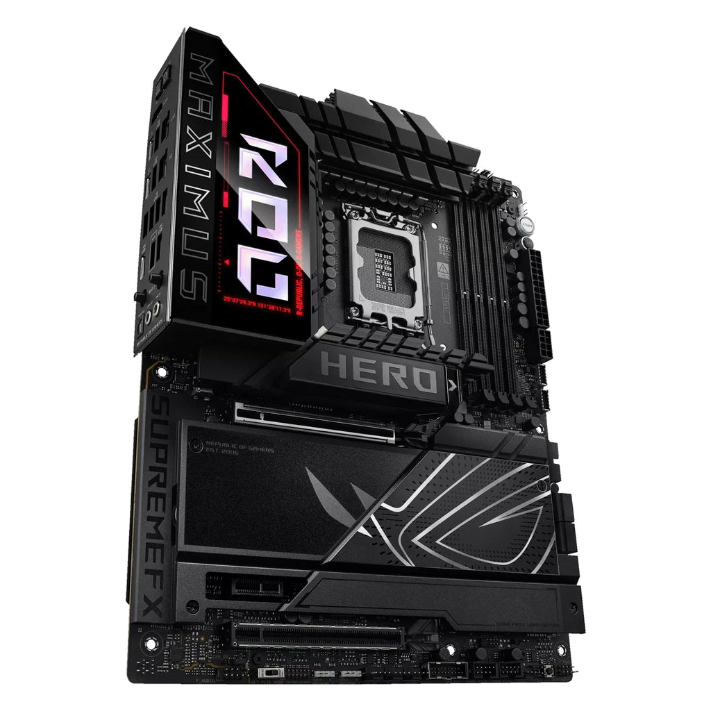 ASUS ROG MAXIMUS Z890 HERO — vue en perspective à 60 degrés sur fond blanc carré — réf. 90MB1ID0-M0EAY0