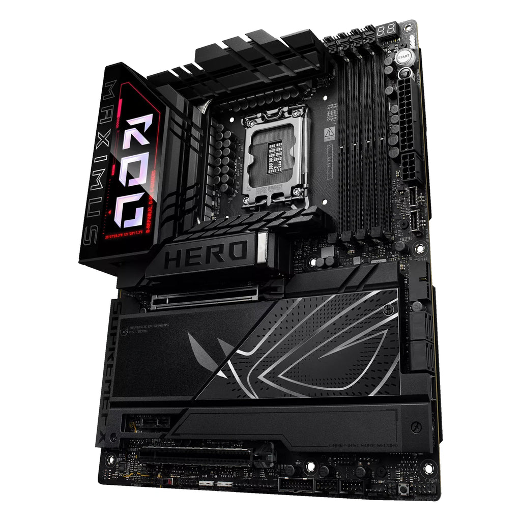ASUS ROG MAXIMUS Z890 HERO — vue en perspective à 60 degrés sur fond blanc carré — réf. 90MB1ID0-M0EAY0