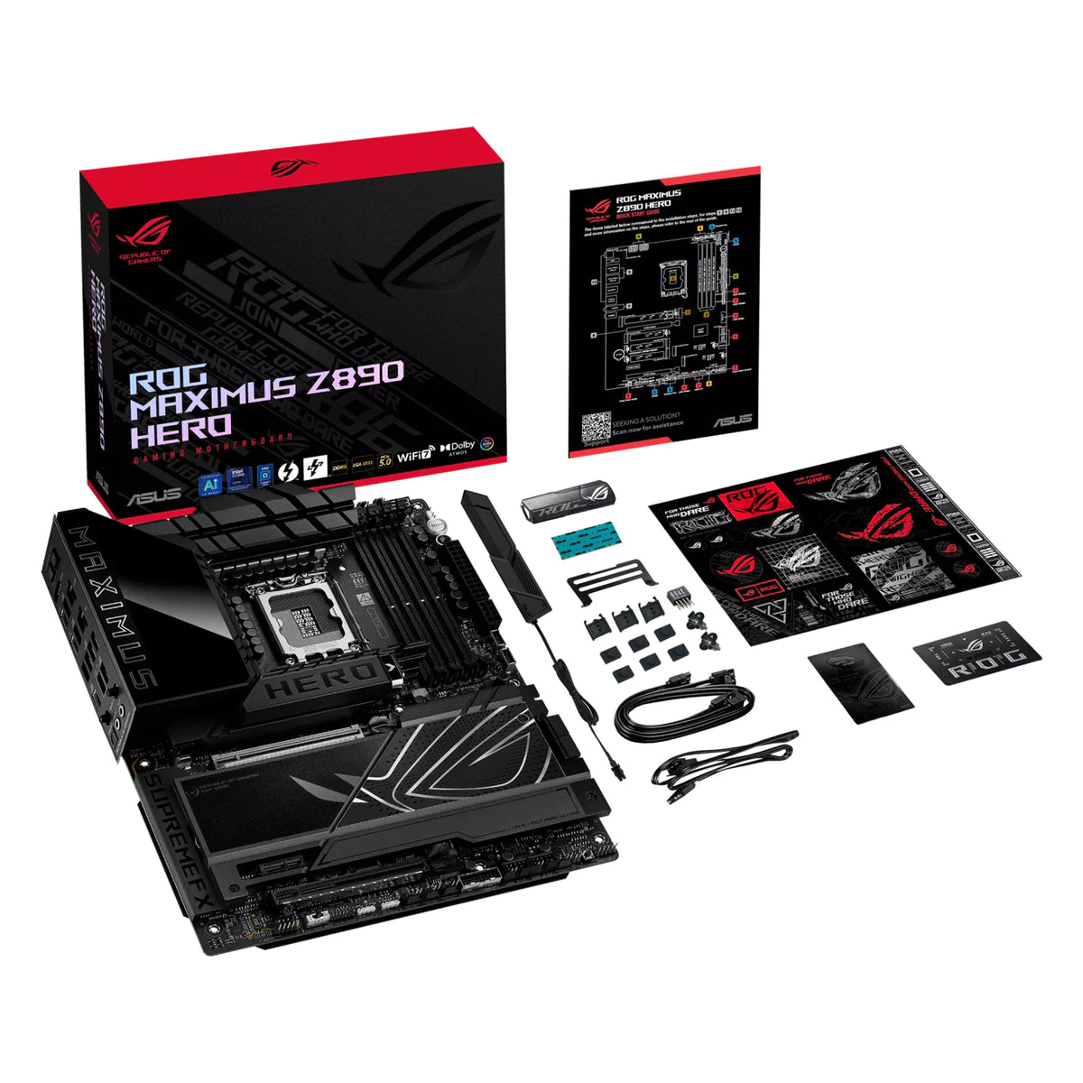 ASUS ROG MAXIMUS Z890 HERO — vue avec emballage sur fond blanc carré — réf. 90MB1ID0-M0EAY0