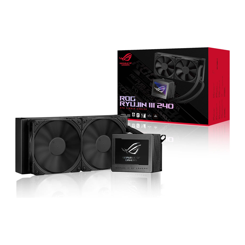ASUS ROG RYUJIN III 240 Noir — vue produit 7 du watercooling AIO sur fond blanc carré — réf. 90RC00K0-M0UAY0
