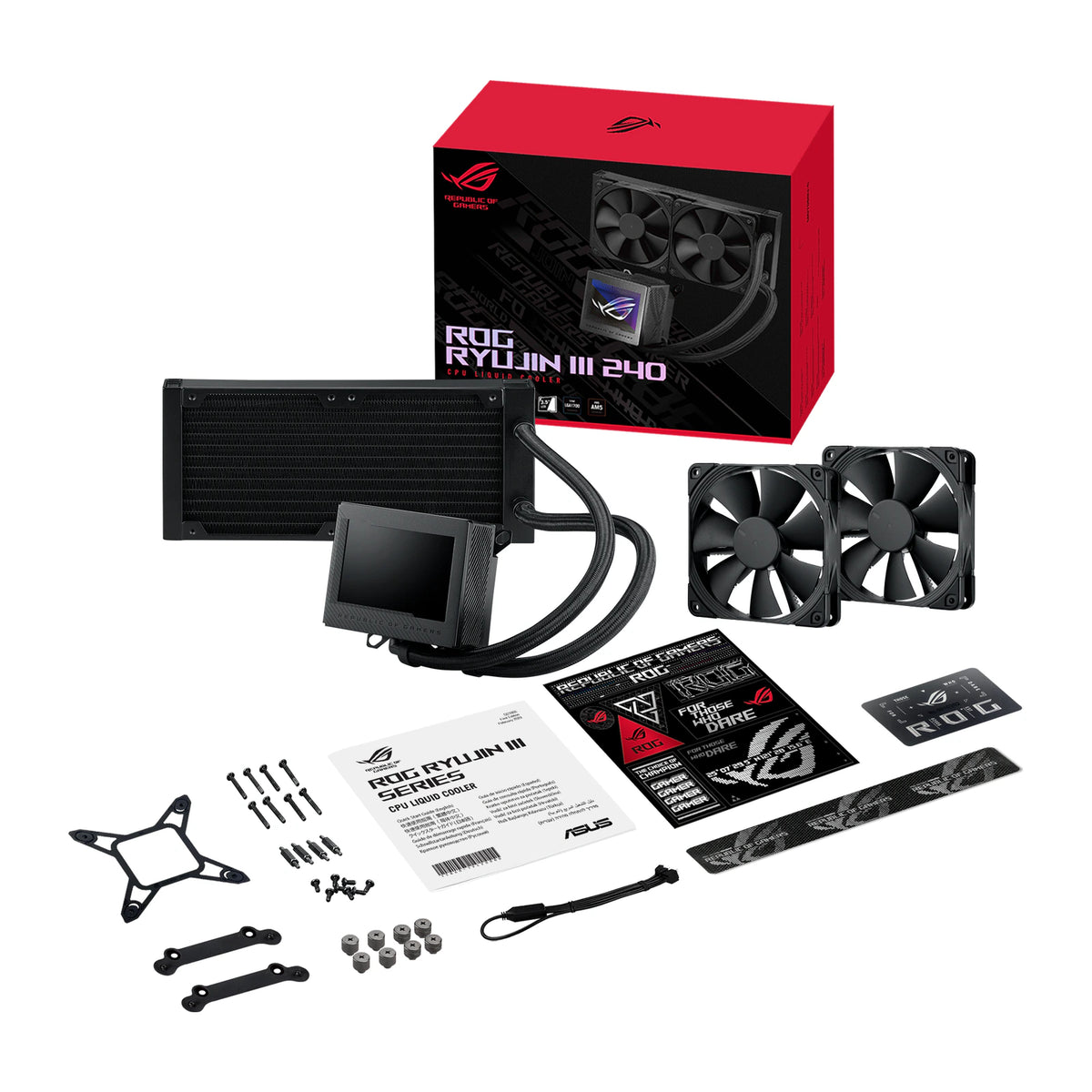 ASUS ROG RYUJIN III 240 Noir — vue produit 8 du watercooling AIO sur fond blanc carré — réf. 90RC00K0-M0UAY0