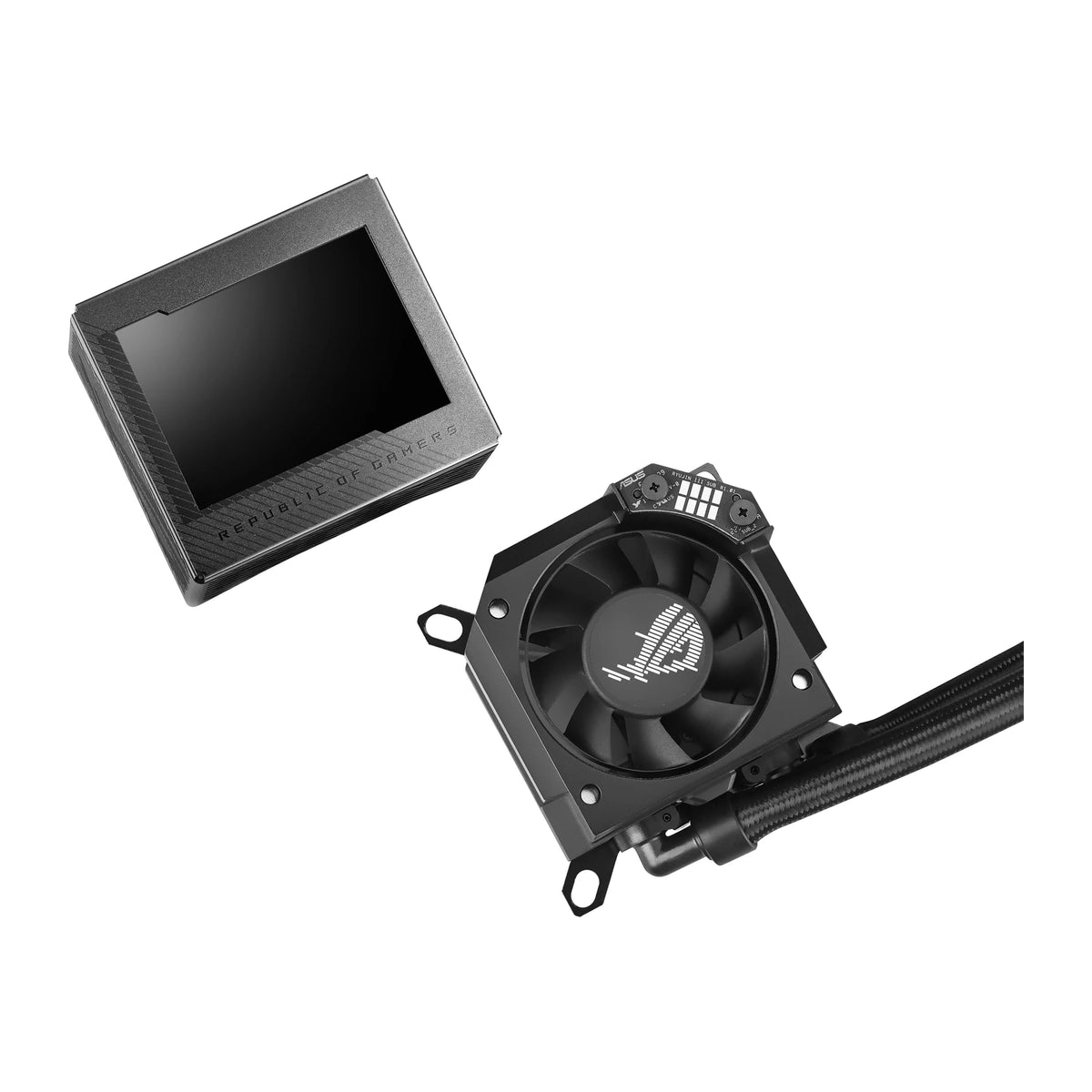 ASUS ROG RYUJIN III 240 ARGB Noir — vue produit 5 du watercooling AIO sur fond blanc carré — réf. 90RC00K1-M0UAY0