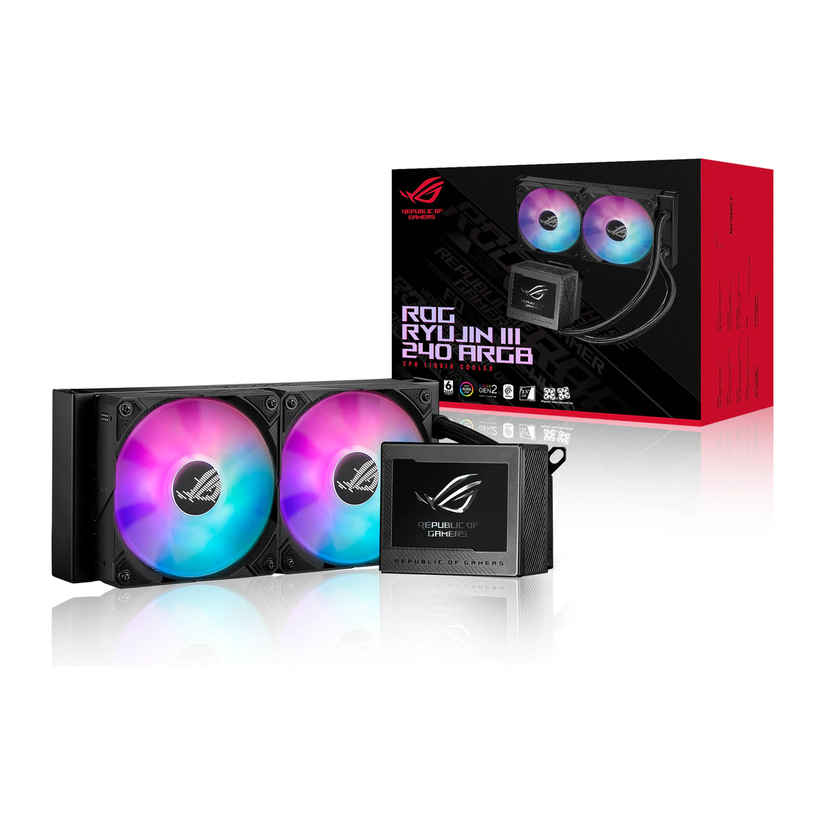 ASUS ROG RYUJIN III 240 ARGB Noir — vue produit 7 du watercooling AIO sur fond blanc carré — réf. 90RC00K1-M0UAY0
