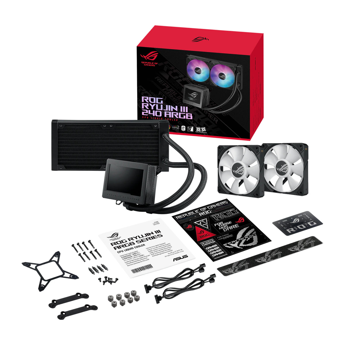 ASUS ROG RYUJIN III 240 ARGB Noir — vue produit 8 du watercooling AIO sur fond blanc carré — réf. 90RC00K1-M0UAY0
