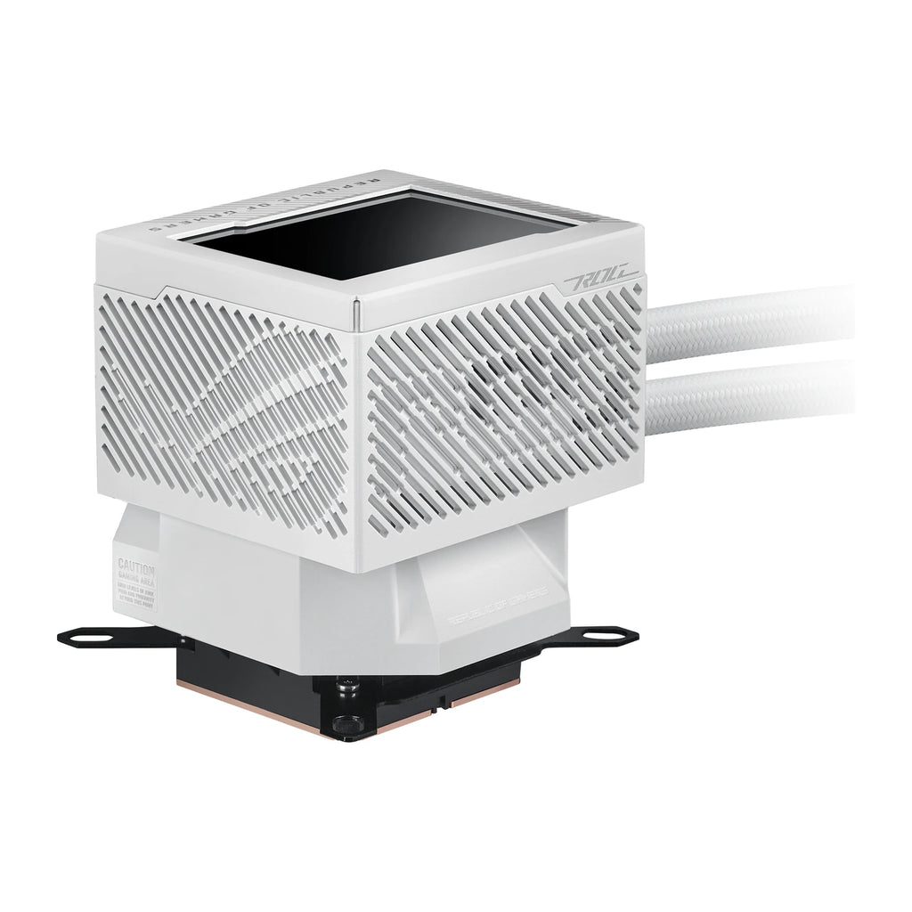 ASUS ROG RYUJIN III 240 ARGB Blanc — vue produit 3 du watercooling AIO sur fond blanc carré — réf. 90RC00K2-M0UAY0