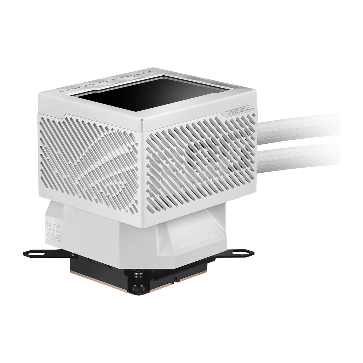 ASUS ROG RYUJIN III 240 ARGB Blanc — vue produit 3 du watercooling AIO sur fond blanc carré — réf. 90RC00K2-M0UAY0
