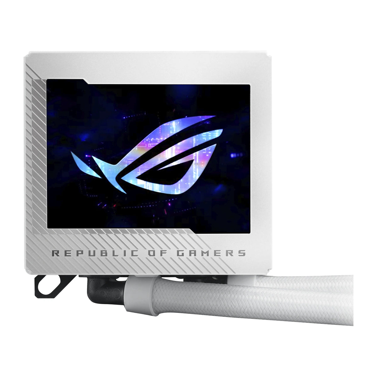 ASUS ROG RYUJIN III 240 ARGB Blanc — vue produit 4 du watercooling AIO sur fond blanc carré — réf. 90RC00K2-M0UAY0