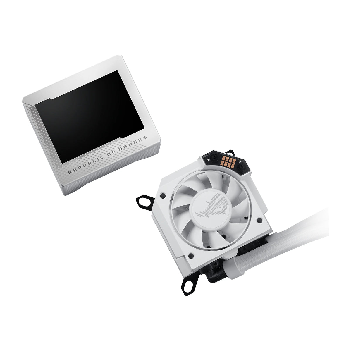 ASUS ROG RYUJIN III 240 ARGB Blanc — vue produit 5 du watercooling AIO sur fond blanc carré — réf. 90RC00K2-M0UAY0