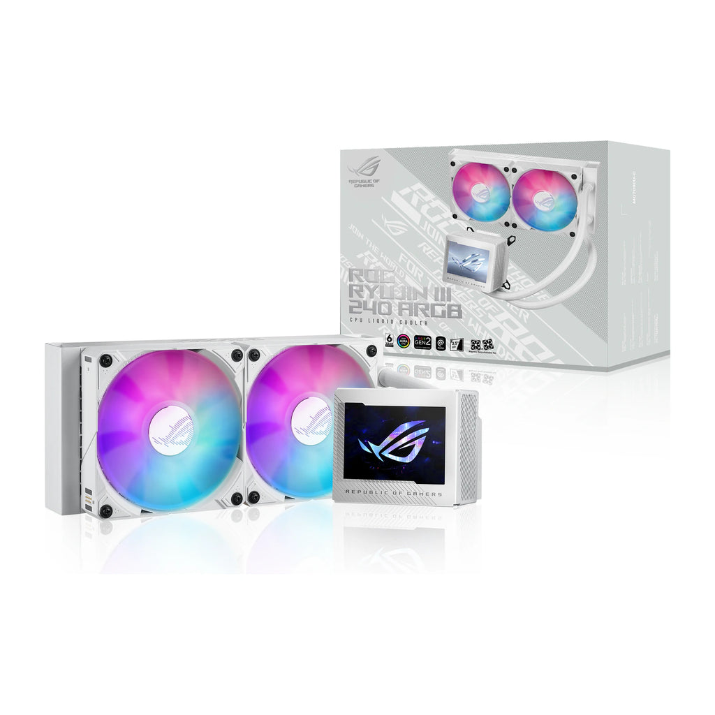 ASUS ROG RYUJIN III 240 ARGB Blanc — vue produit 7 du watercooling AIO sur fond blanc carré — réf. 90RC00K2-M0UAY0